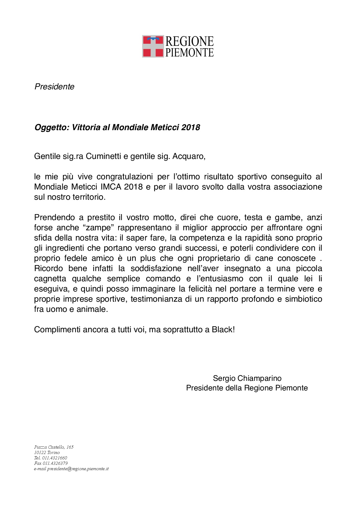 La Regione Piemonte Fa I Complimenti A Chiara Cuminetti Per Il Mondiale Meticci 18 Federazione Italiana Sport Cinofili